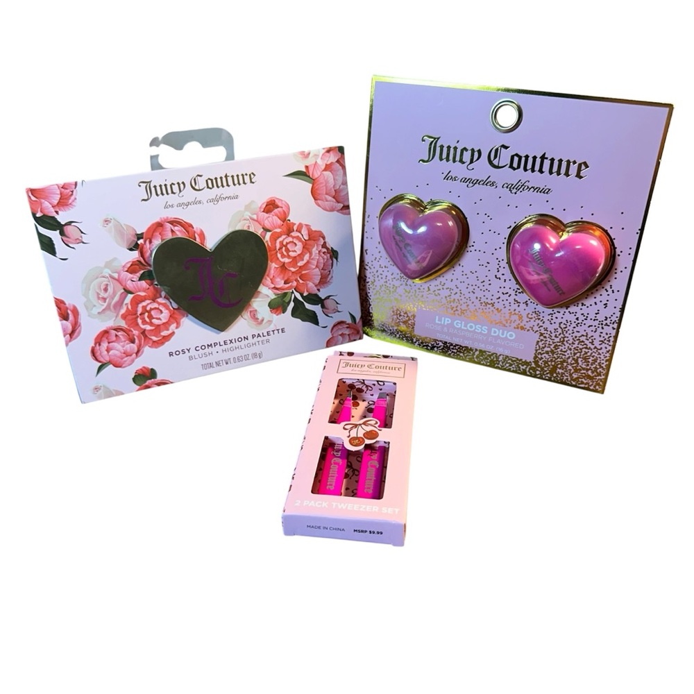 Juicy Couture Rosy Complexion Palette, Lip Gloss Duo & Tweezer Set Beauty Bundle